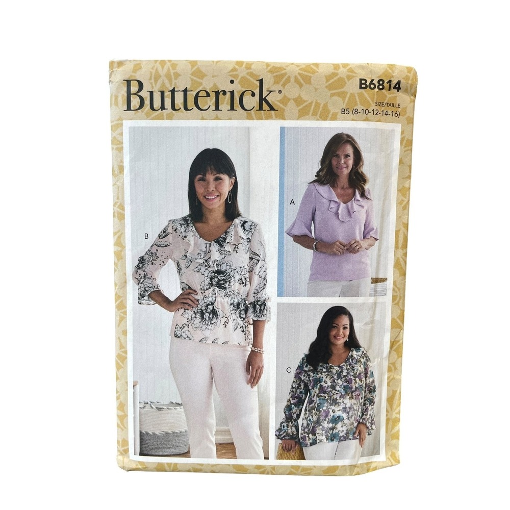 Butterick B6814‎ Misses' Womens Top Blouse Sz 8-16 Ruffle Neck Easy